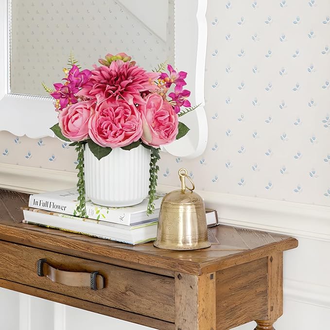 Briful 13" Faux Flower Arrangement in White Ceramic Vase – Pink Artificial - Image 4