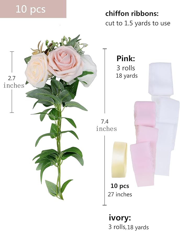 Meldel Wedding Chair Decorations Set of 10 Aisle Artificial Flowers White Pink - Image 3