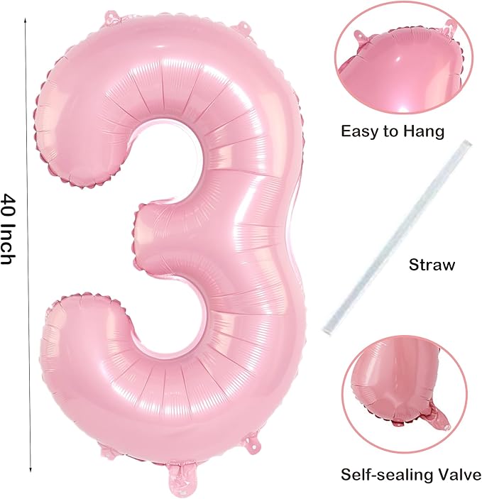 Light Pink 3 Number Balloon, 40 Inch Jumbo Pearl Light Pink Helium Foil Number - Image 2