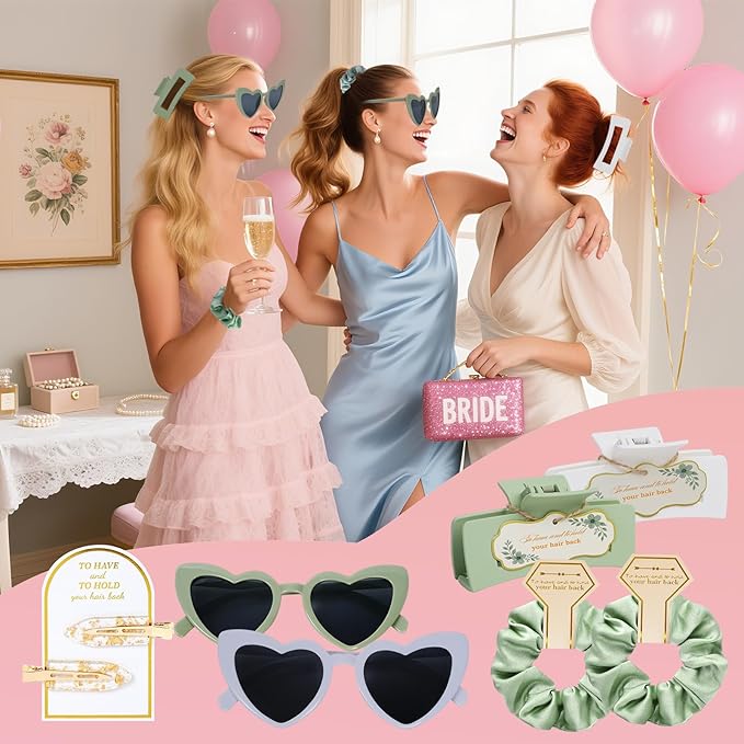 Sage Green Bridesmaid Gifts for Proposal, Scrunchies, Makeup Clips & Heart - Image 3