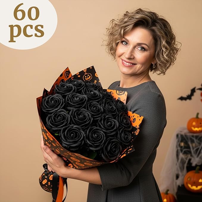 Auihiay 60PCS Black Fake Roses, Velvet Silk Artificial Roses, Realistic Roses - Image 3