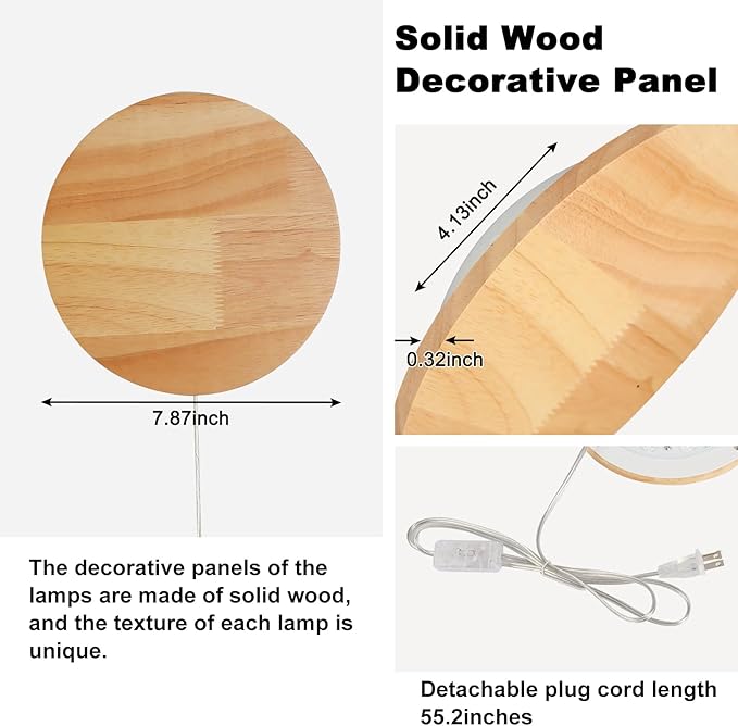 Modern Minimalist Plug in Wall Sconces, Plug-in Or Cordless 7.9'' Round Wood - Image 6
