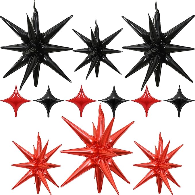 Black Red Star Balloons 12pcs, 27/22 Inch Foil Star Explosion Balloons by Togvu