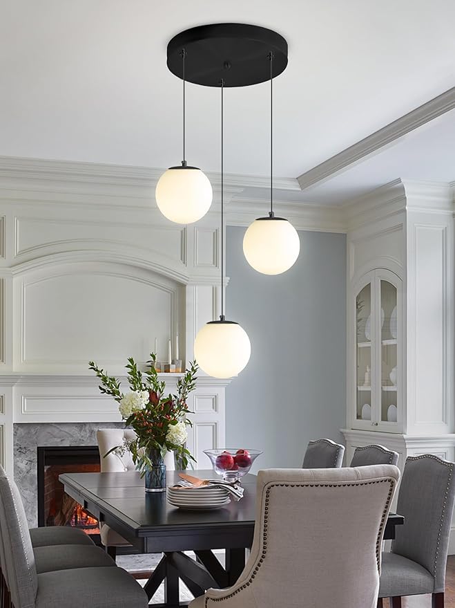 3-Lights Globe Glass Pendant Light Modern White Globe Glass Chandelier Mid - Image 2