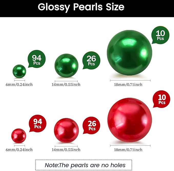 260Pcs Red&Green Glossy Beads for Centerpiece Decor, Artifical Pearls Vase - Image 2