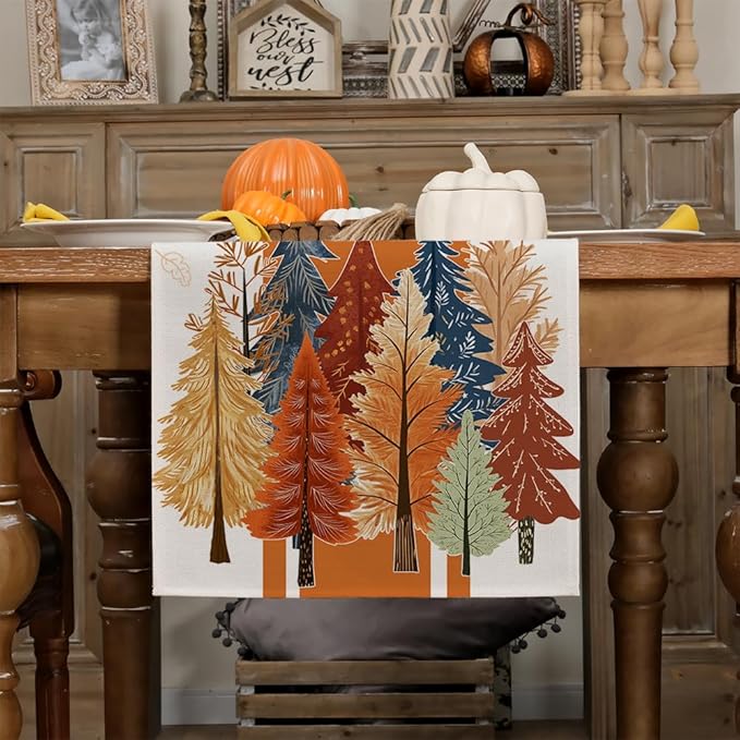 GEEORY Fall Watercolor Trees & Maple Leaves Striped Table Runner 13x48 Inch - Image 5