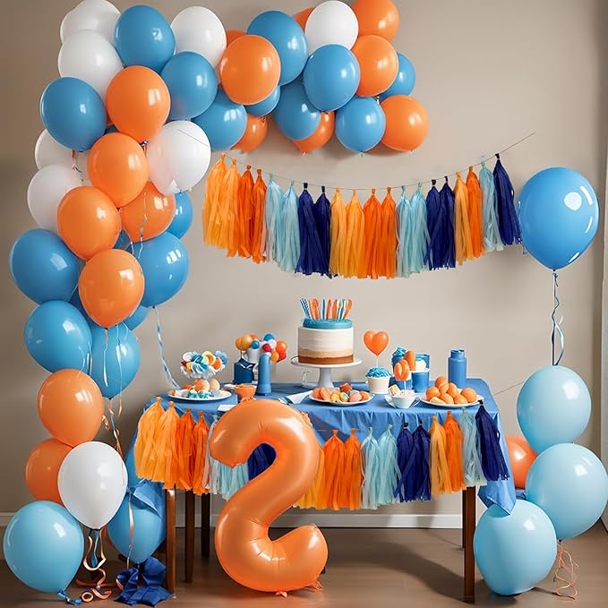 Blue and Orange Tissue Paper Tassel Garland, Tissue Tassel Banner - Image 4