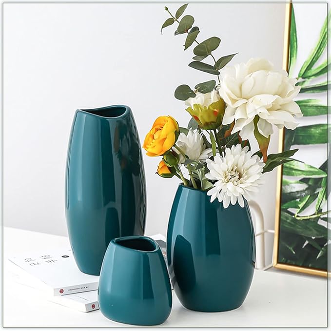 hjn Ceramic Vase Set of 3 Teal Flower Vase - Image 3