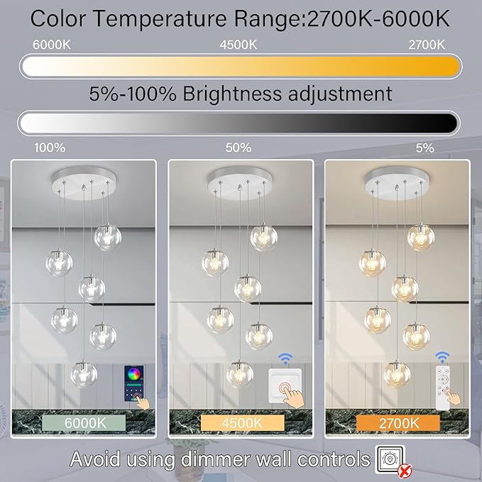 H 87in Modern Glass Globe Chandelier 6-Lights Glass Pendant Light - Image 4