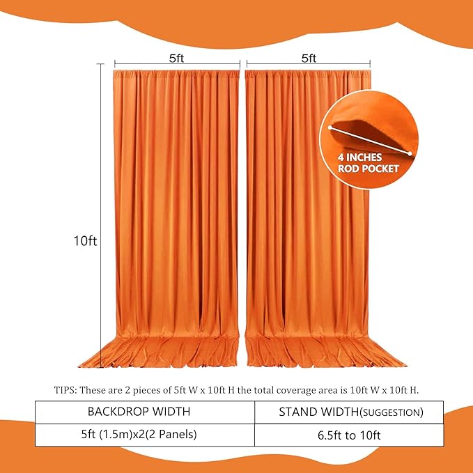 2 Panels Deep Orange Backdrop Curtain, 10 x 10 Feet Background Curtains - Image 2