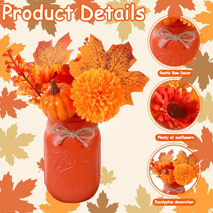 DIYDEC 3PCS Fall Mason Jars 3 * 5Inch Lighting Painted Thanksgiving Tiered Tray - Image 2