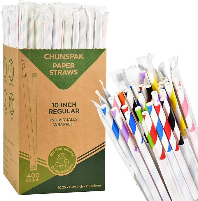 10.25 Inch Long Disposable Paper Straws Biodegradable Individually Wrapped by chunspak