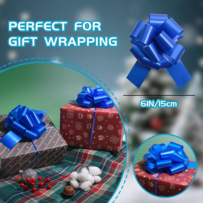 6 Pcs 6 Inch Blue Pull Bows, Gift Wrapping Baskets Wedding Christmas Party - Image 2