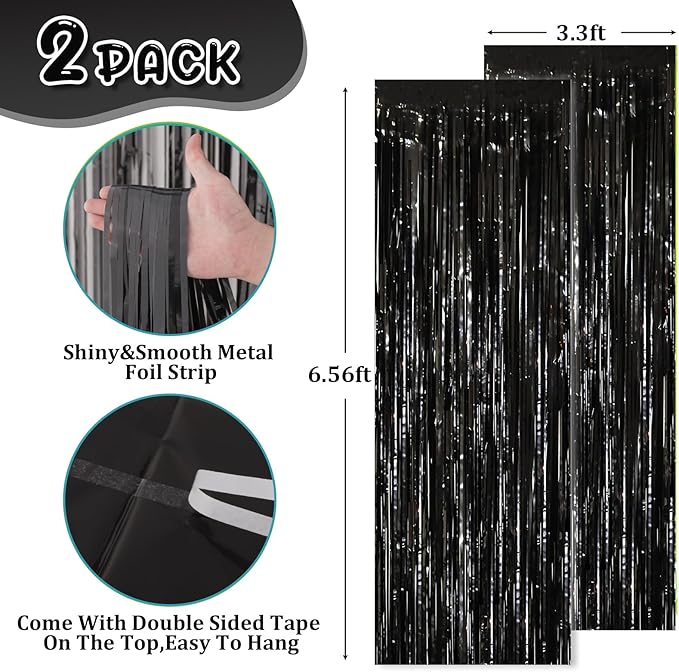 2 Pack Black Tinsel Foil Fringe Curtains, Metallic Tinsel Party Streamers - Image 2