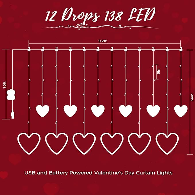 Valentines Day Decor, 138LED 12 Hearts Curtain Lights - Image 2