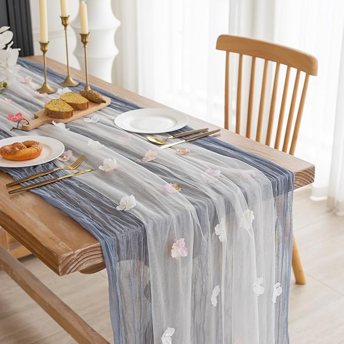Romantic Artificial Floral Table Runner 10ft Gauze Tulle Lace Table Runner Set - Image 2