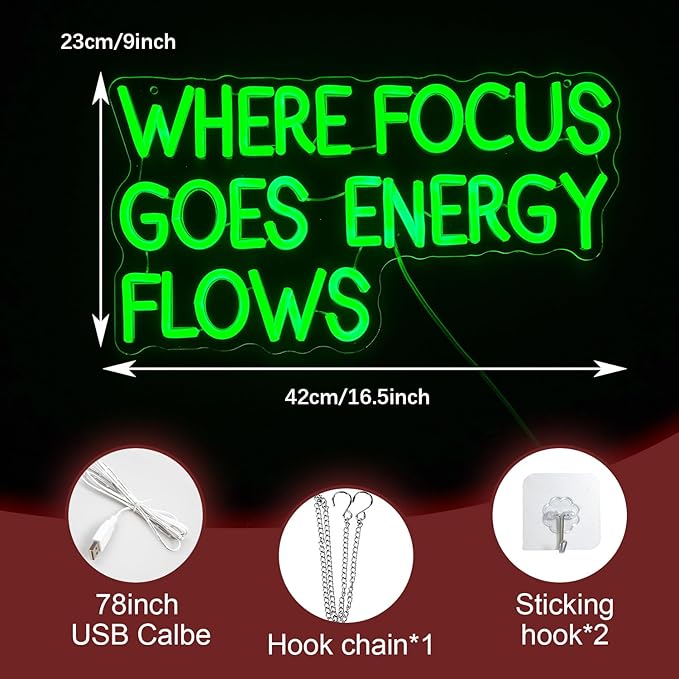 Where Focus Goes Energy Flows Neon Sign 16.5 * 9.1In Dimmale Green Light Up Sign - Image 2