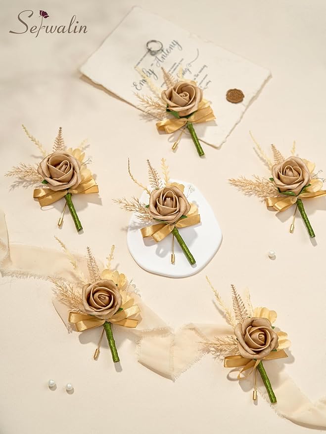 Serwalin 10Pcs Boutonniere for Men, Khaki Groom and Best Man Boutonniere - Image 4