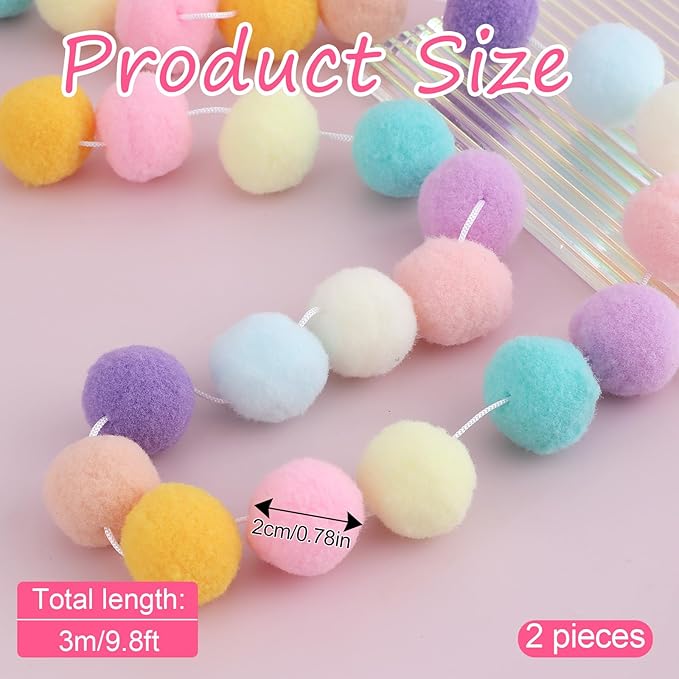 2 Pcs Pom Pom Garland 9.8 Feet 30 Balls Felt Ball Garland Pastel Ball Banner - Image 2