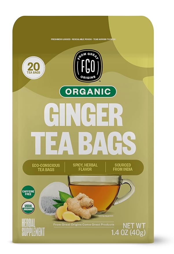 FGO Organic Ginger Tea, Eco-Conscious Tea Bags, Caffeine Free, Packaging May by FGO