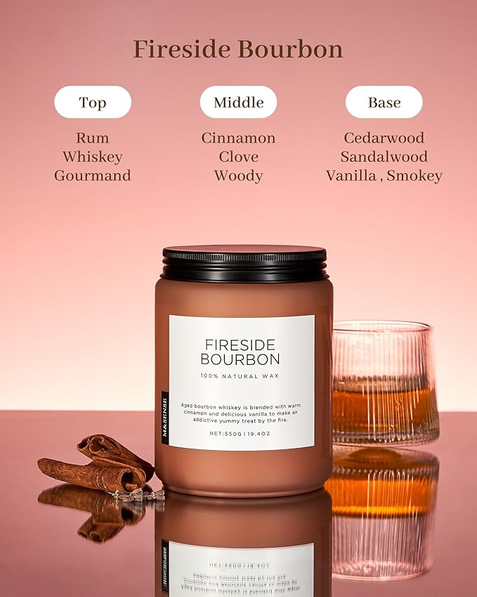 M&SENSE Fireside Bourbon Candles Strong Scented, 2 Wick Jar Candle 19.4oz 110 - Image 2
