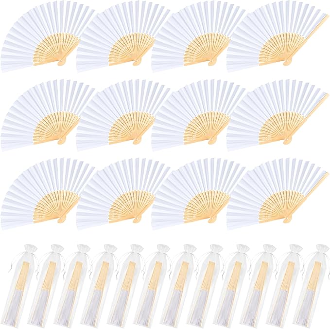 NEBURORA 12Pcs White Handheld Paper Fans 8.3 Inch Hand Held Bamboo Fans Foldable by NEBURORA