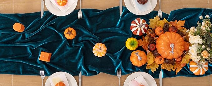 Peacock Green Velvet Table Runner 3 Pack Fall Thanksgiving Turquoise Table - Image 6