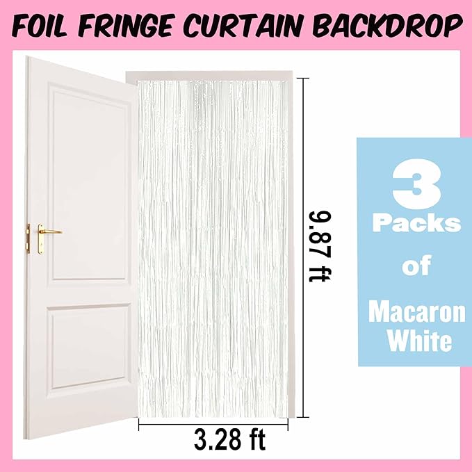 3 Pack Macaron White Foil Fringe Curtains Backdrop, 3.28 x 9.8 Ft Metallic - Image 2