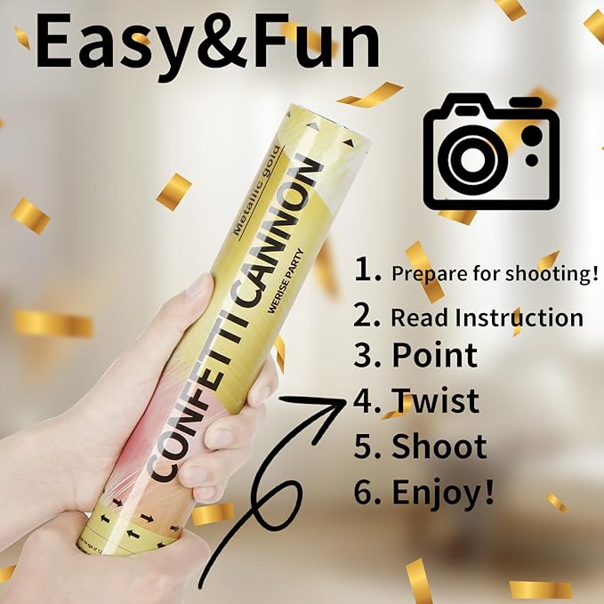 Gold Confetti Poppers Cannon, 6 Pack WERISE PARTY Gold Mylar Party Popper - Image 2