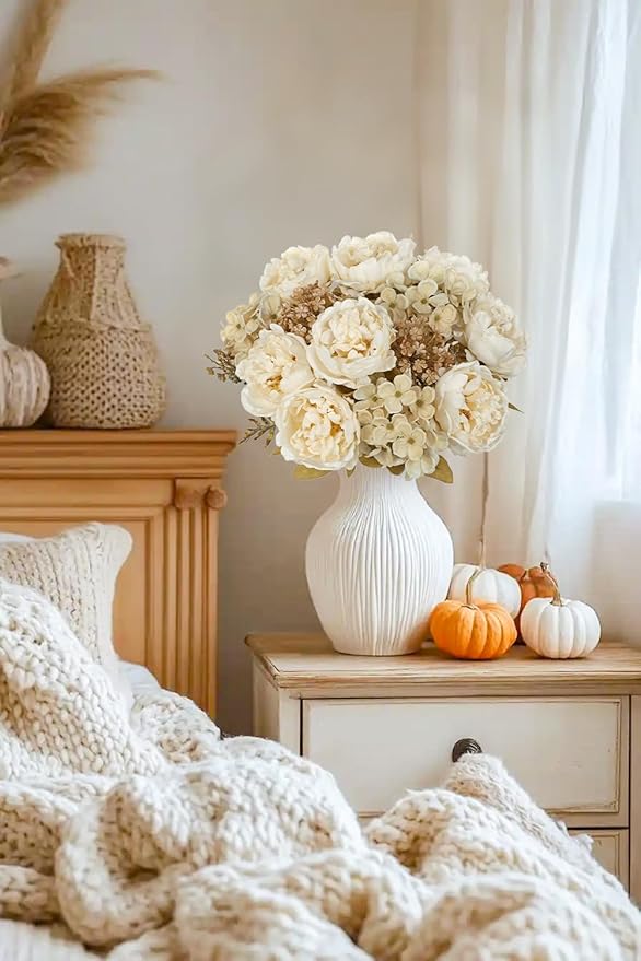 Hollyone 2Pcs Artificial Fall Flowers Bouquet 18.8" White Dried Peony Hydrangea - Image 5