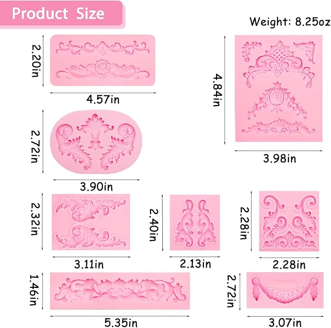 Baroque Scroll Silicone Fondant Molds, 8-Piece Decorative Border Cake Molds Set - Image 2