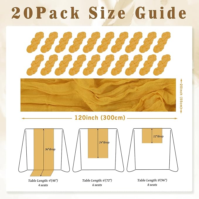 20 Pack Mustard 10FT Cheesecloth Table Runner Rustic Gauze Fabric Cheese Cloth - Image 2