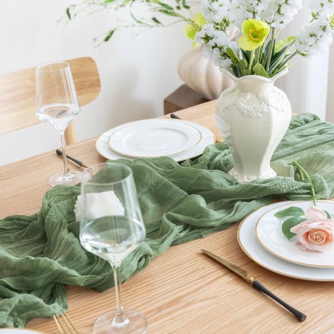 Asee'm 2pcs Cheesecloth Table Runner 120 Inches Sage Green Boho Gauze Cheese - Image 5