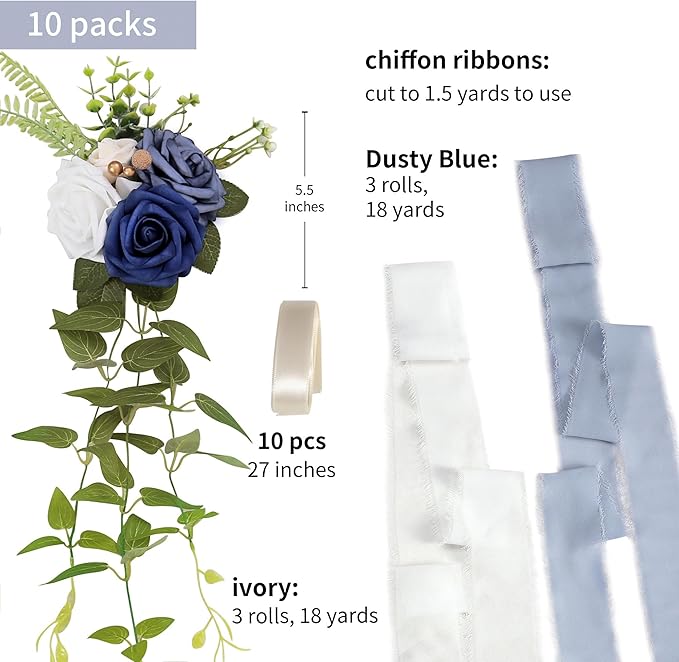 DORIS HOME Wedding Chair Decorations Blue Pew Flowers Set of 10 - Image 2