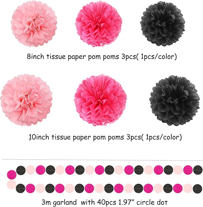 Hot-Pink Black Party-Decorations Paper Flower Streamers - Image 3