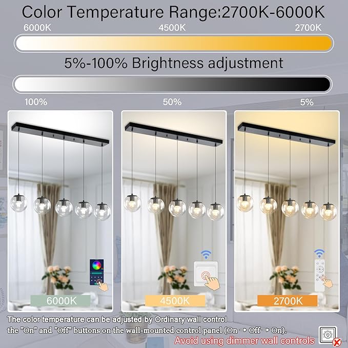 5-Lights Modern Rectangle Chandelier Globe Pendant Light - Image 4
