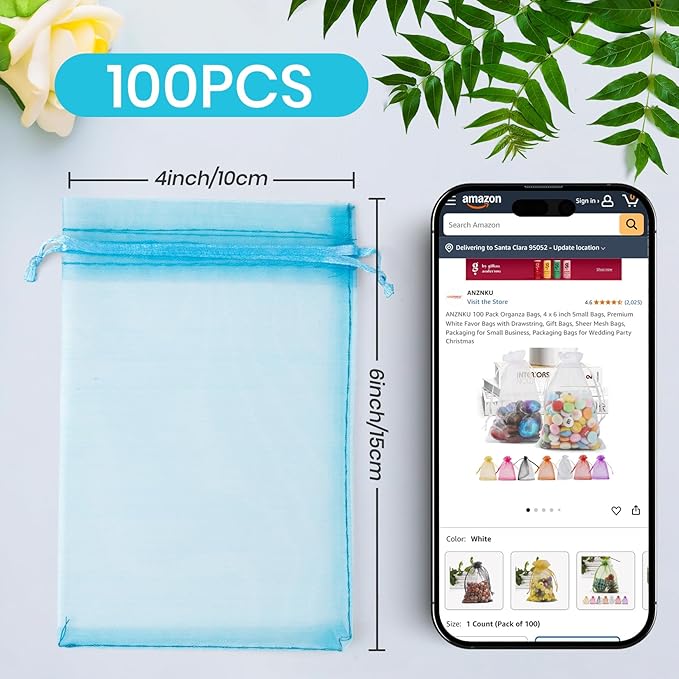 ANZNKU 100 Pack Organza Bags 4x6 Inch, Small Mesh Bag Drawstring Organza Gift - Image 2