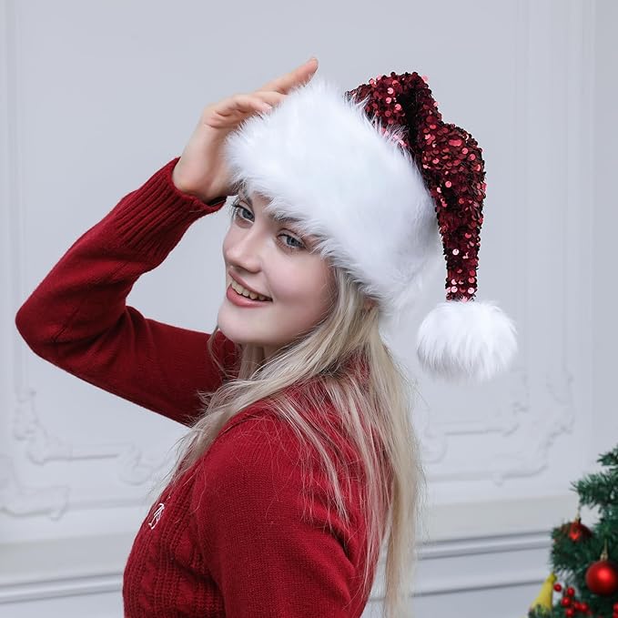 Personalized Sequin Santa Hat for Adults, Xmas Halloween New Year Holiday - Image 4
