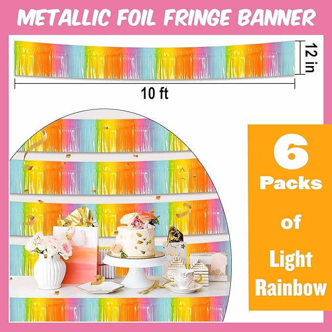 6 Pack 10 Ft Light Rainbow Foil Fringe Garland Metallic Streamers Tinsel Banner - Image 2