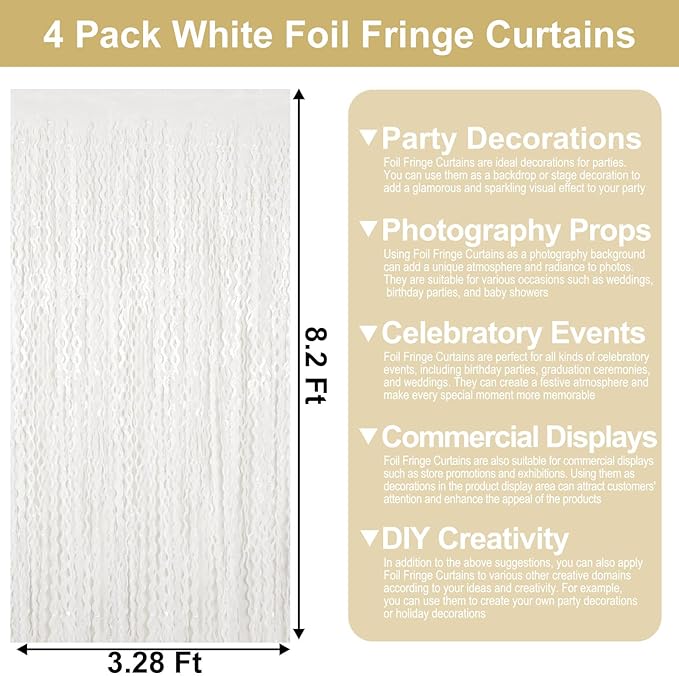 4 Pack Macaron White Wave Foil Fringe Curtain Backdrop, 3.28Ft x 8.2Ft Metallic - Image 2