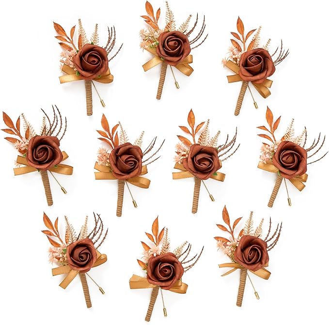 Serwalin 10Pcs Boutonniere for Men, Burnt Orange Groom and Best Man Boutonniere by Serwalin