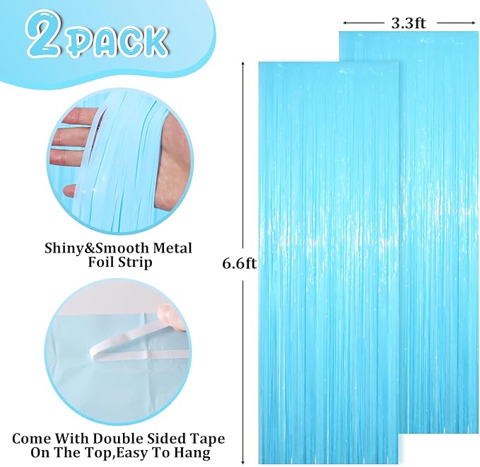 2 Pack Pastel Blue Tinsel Foil Fringe Curtains, Metallic Tinsel Party Streamers - Image 3