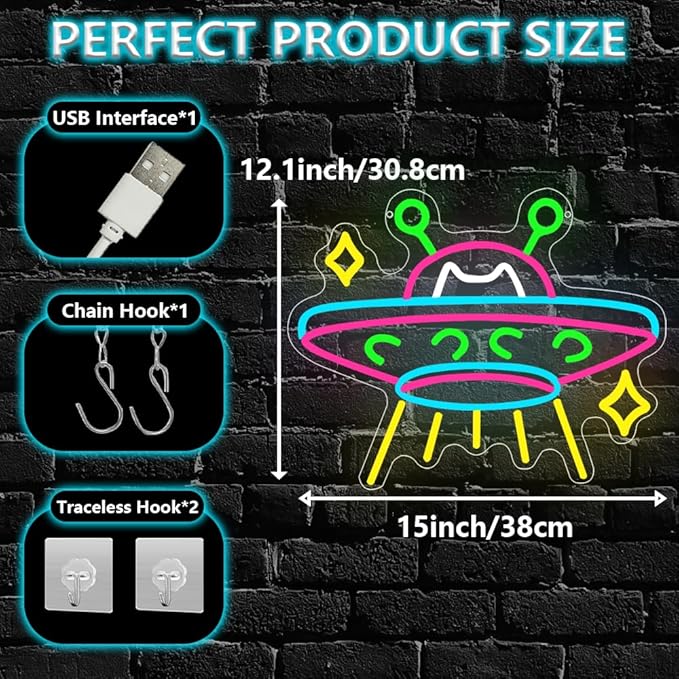 UFO Neon Sign, Cat Dimmable LED Light Signs - Image 5
