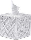 White Woven Macrame Boho Tissue Box Cover Square by Polytree