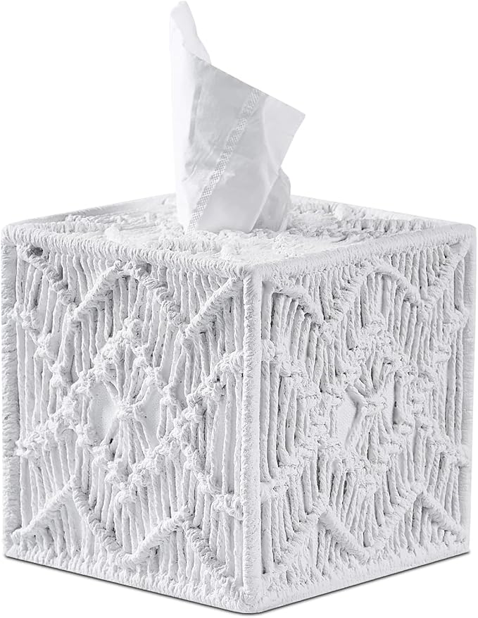 White Woven Macrame Boho Tissue Box Cover Square by Polytree