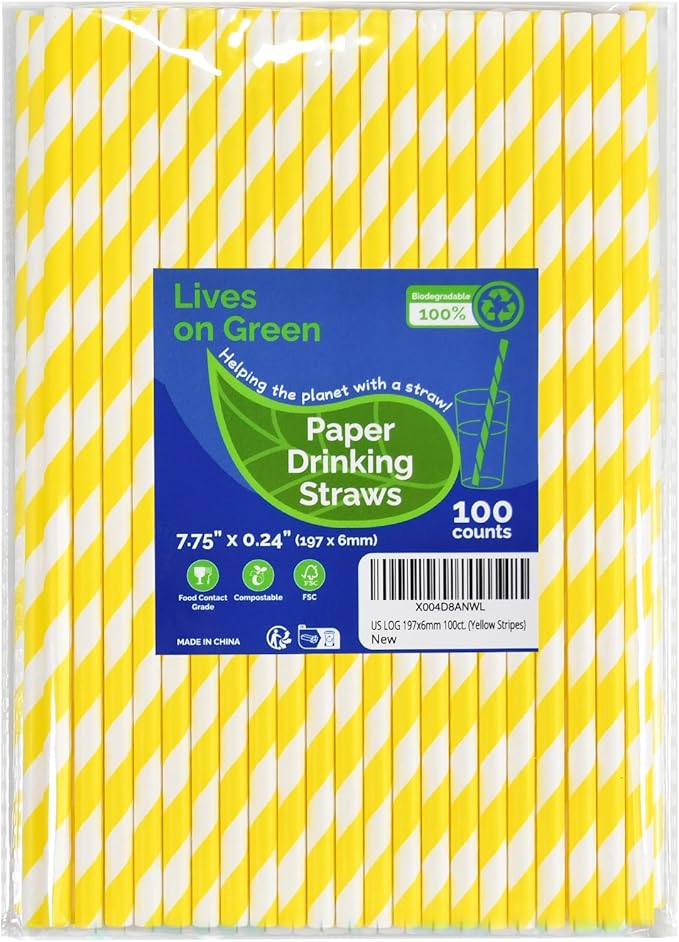 Eco-friendly Yellow White Striped Disposable Paper Drinking Straws 7.75'' x by LivesonGreen