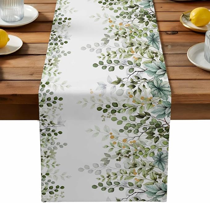 Sage Green Eucalyptus Cotton Linen Table Runner by Unknown