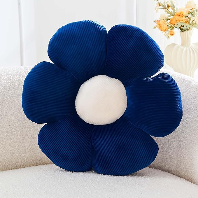 Navy Flower Pillow, 19.6" Cute Flower Shaped Floor Pillow, Aesthetic Floral by Kcvvcr