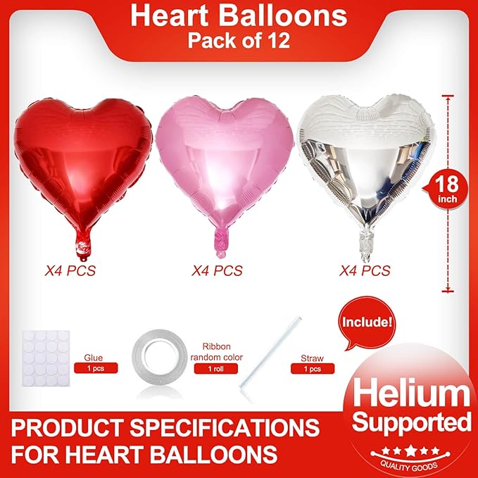 Red Heart Shaped balloons Pack of 12, 18 Inch Silver Love Valentine Balloons - Image 2
