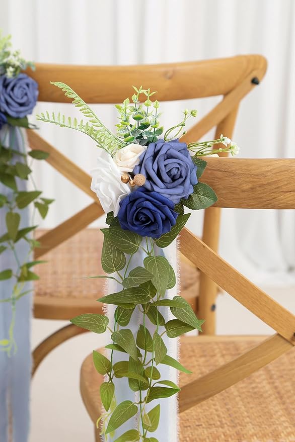 DORIS HOME Wedding Chair Decorations Blue Pew Flowers Set of 10 - Image 3